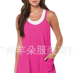 image-2023 Amazon Hot Sale Solid Color Fashion Casual Double Pocket Adjustable Buckle Suspender Shorts Dress Two-Piece Set for Women