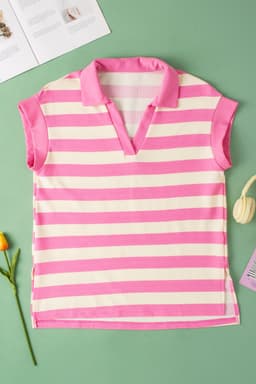 image-Pink Stripe V-Neck Collared Cap Sleeve Top