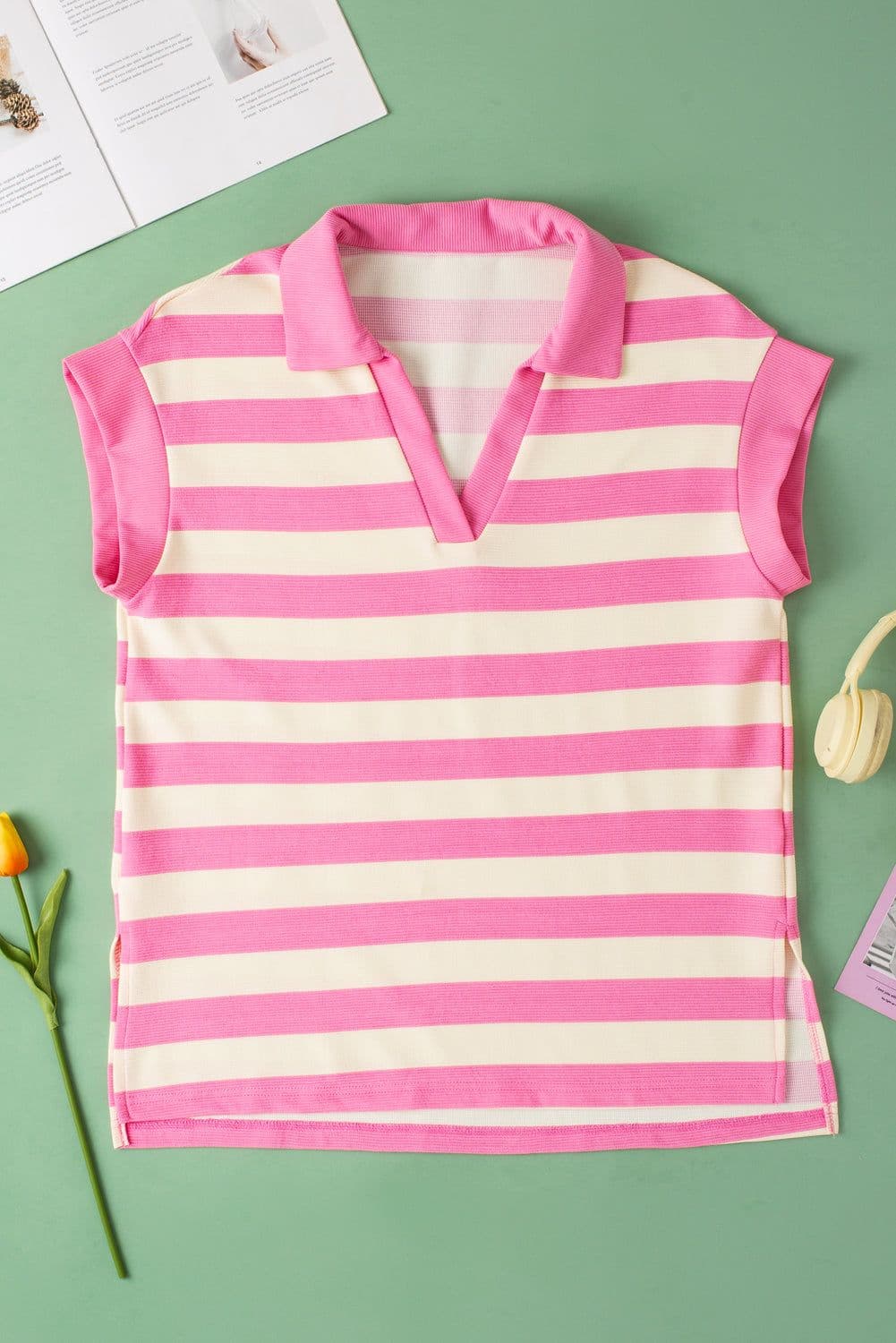 image-Pink Stripe V-Neck Collared Cap Sleeve Top