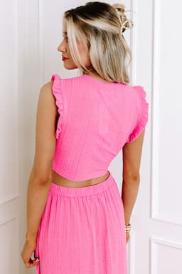 image-Bonbon Textured Ruffle Trim Crop Vest Lace-up Long Skirt Set