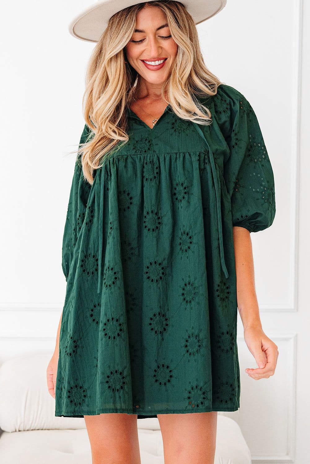 image-Blackish Green Embroidered Eyelet Puffy Sleeve Mini Dress
