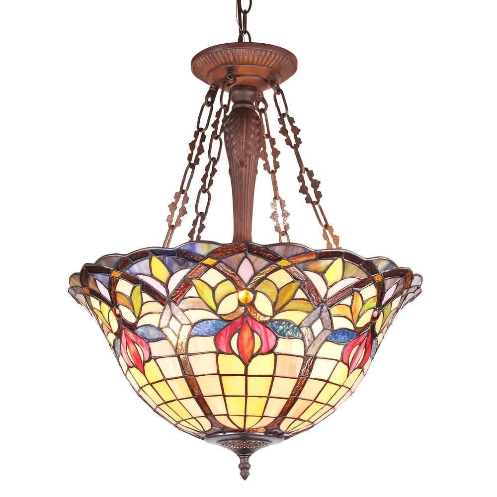 image-LORETTA Tiffany-style Victorian 3 Light Inverted Ceiling Pendant 20" Shade
