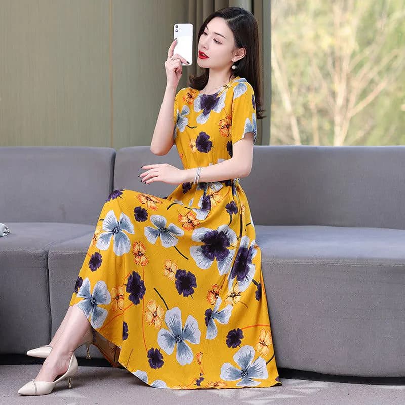 image-Artificial cotton silk dress women's clothing 2023 summer new middle-aged mother mid-length over-the-knee plus-size loose skirt