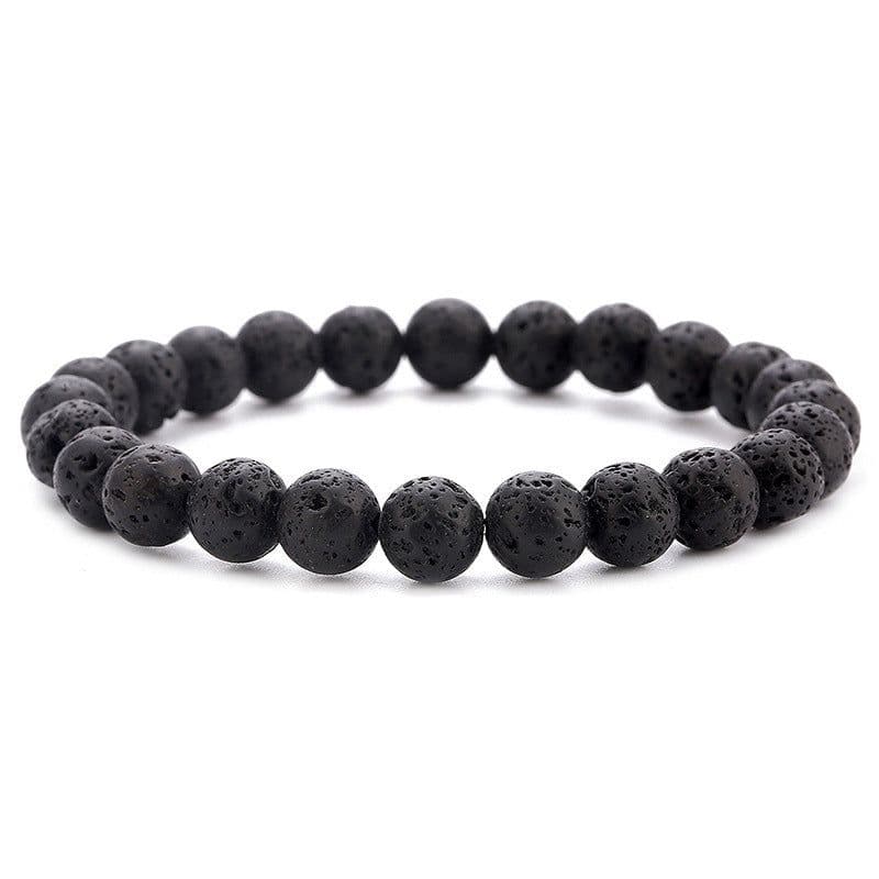 image-Natural Stone Beads Black Lava Rock Stone White Stretch Charm Strand Bracelet