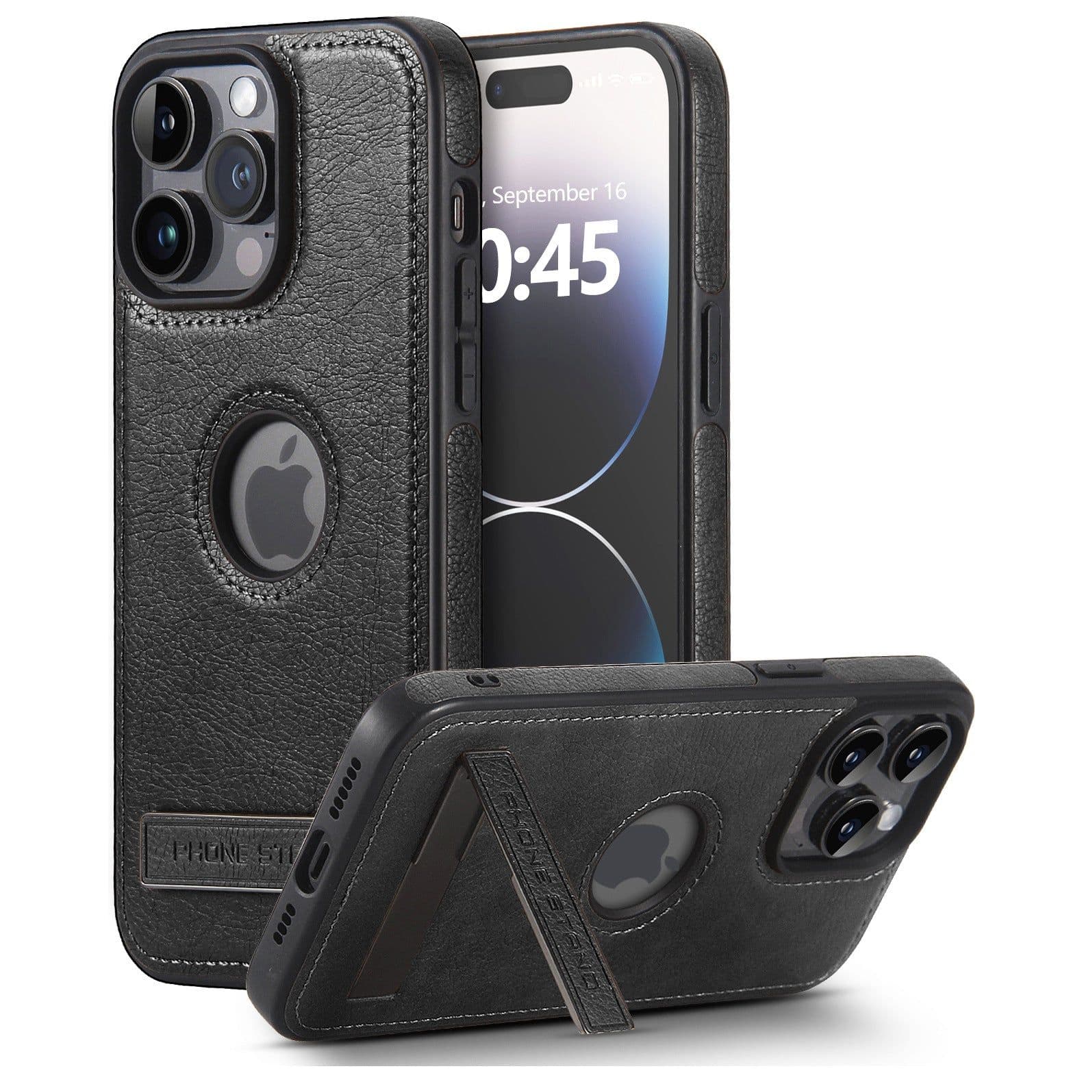 image-Suitable for Apple 15promax leather texture bracket mobile phone case iPhone14 anti-fall mobile phone case 13 simple men