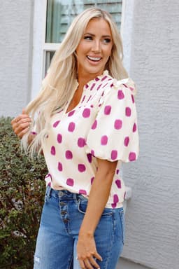image-Rose Polka Dot Print Shirred Yoke Notched Neck Balloon Sleeve Blouse