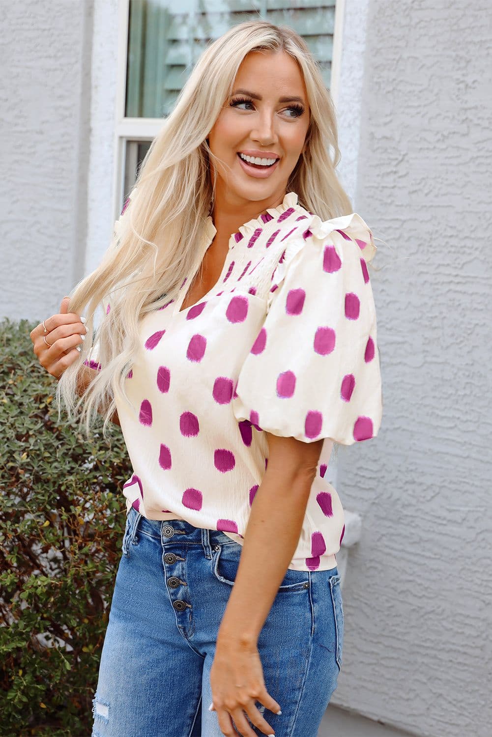 image-Rose Polka Dot Print Shirred Yoke Notched Neck Balloon Sleeve Blouse