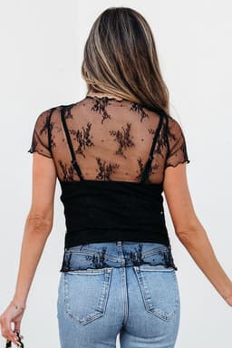 image-Black Floral Sheer Mesh Short Sleeve Blouse - Elegant Lightweight Design