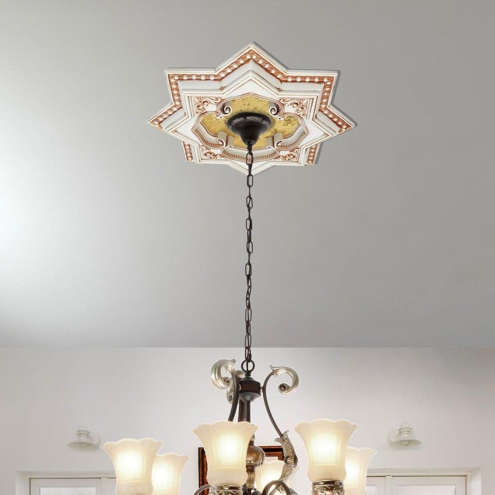 image-Ivory and Gold Eight Pointed Star Chandelier Ceiling Medallion 24in