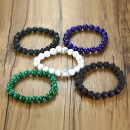 image-Natural Stone Beads Black Lava Rock Stone White Stretch Charm Strand Bracelet