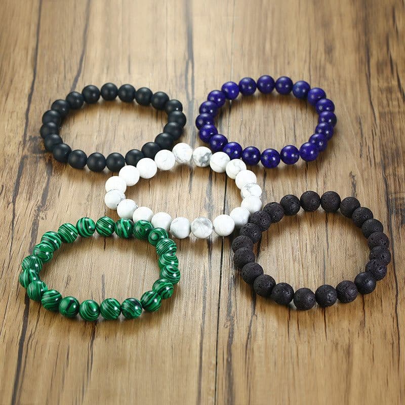 image-Natural Stone Beads Black Lava Rock Stone White Stretch Charm Strand Bracelet
