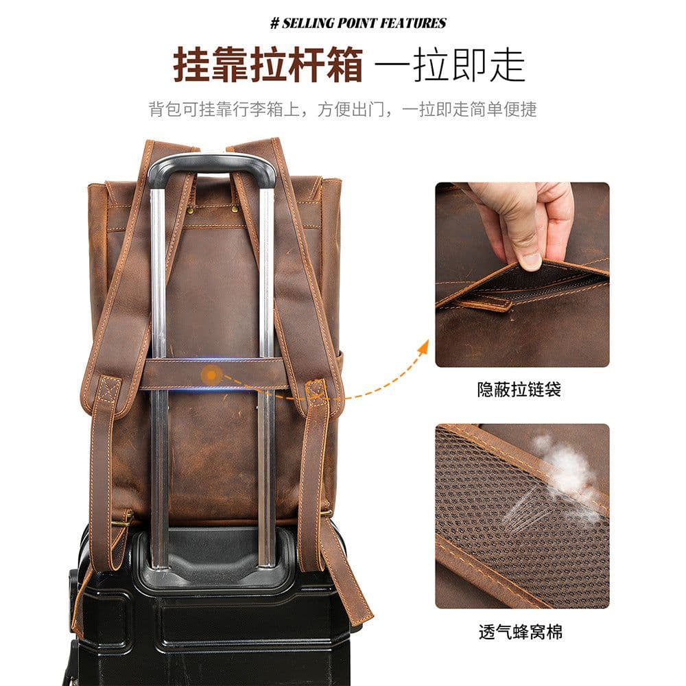 image-Genuine leather backpack men's cowhide backpack casual business travel computer bag large capacity crazy horse leather men's bag