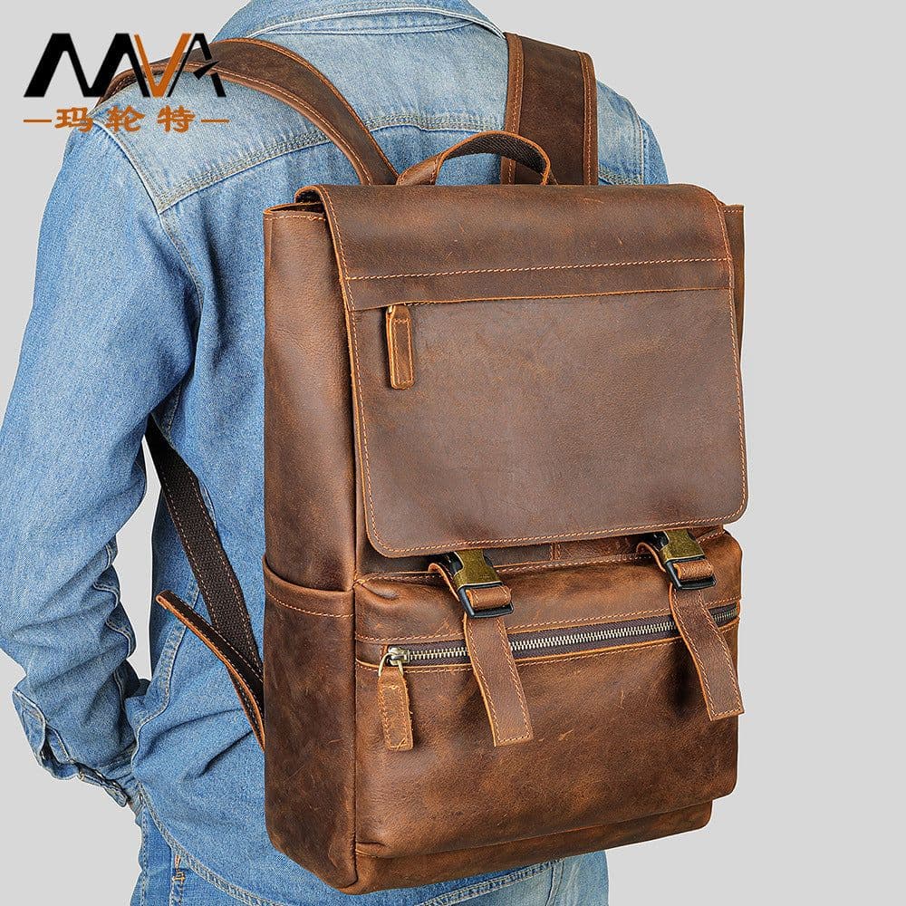 image-Genuine leather backpack men's cowhide backpack casual business travel computer bag large capacity crazy horse leather men's bag