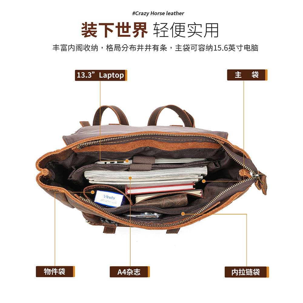 image-Genuine leather backpack men's cowhide backpack casual business travel computer bag large capacity crazy horse leather men's bag