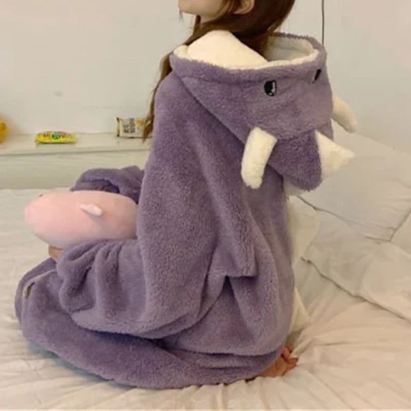image-Dinosaur pajamas women's bathrobe autumn and winter cute cartoon coral velvet thickened long nightgown flannel home clothes for women