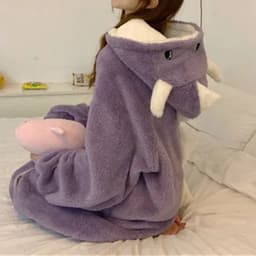 image-Dinosaur pajamas women's bathrobe autumn and winter cute cartoon coral velvet thickened long nightgown flannel home clothes for women