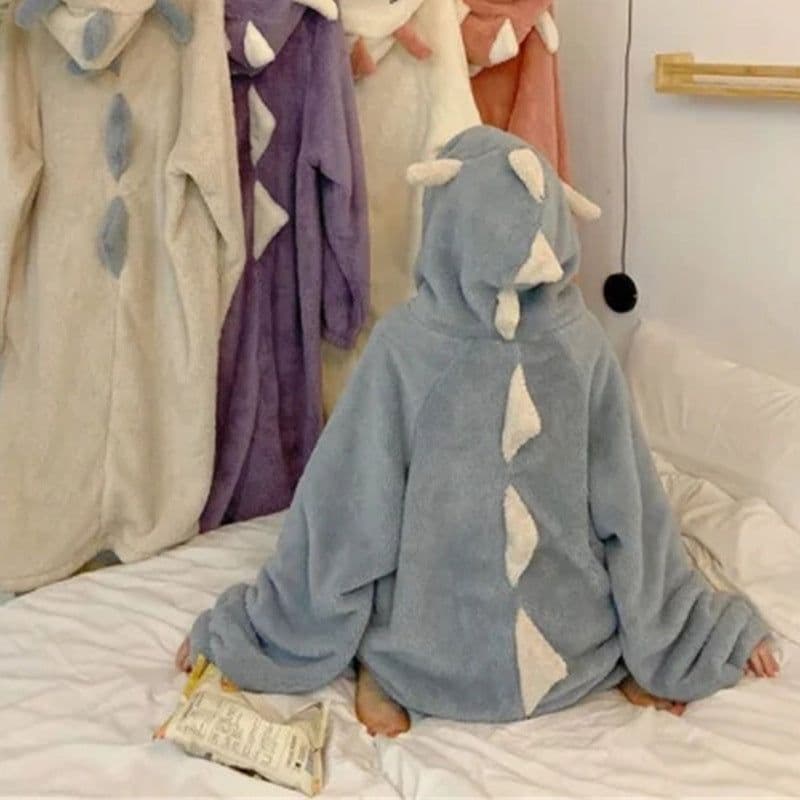 image-Dinosaur pajamas women's bathrobe autumn and winter cute cartoon coral velvet thickened long nightgown flannel home clothes for women