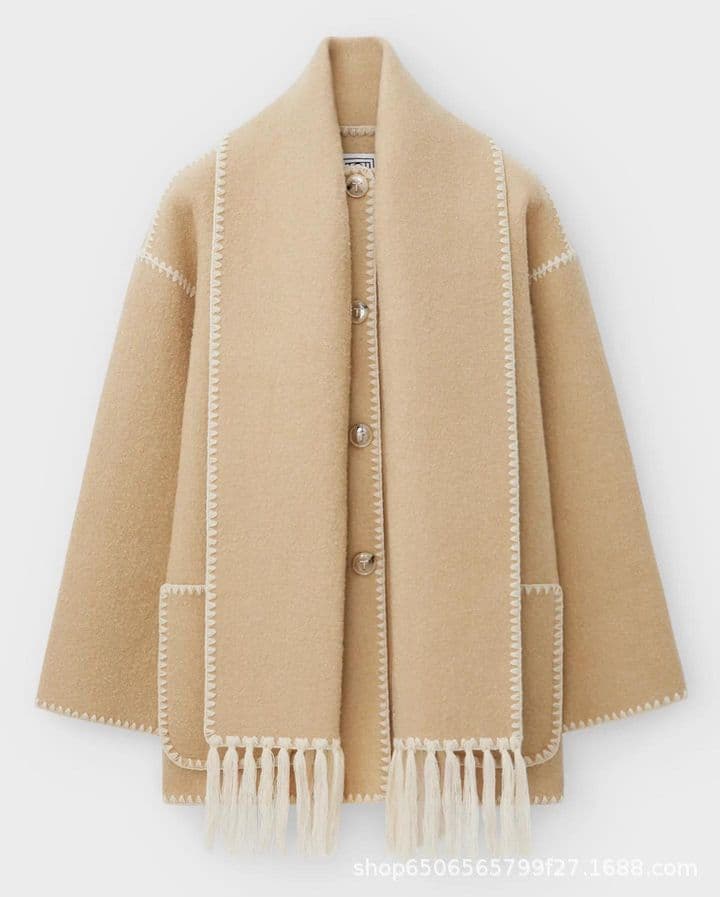 image-Amazon European and American clothing 2023 autumn and winter new fashion woolen jacket thickened loose with scarf tassels for women