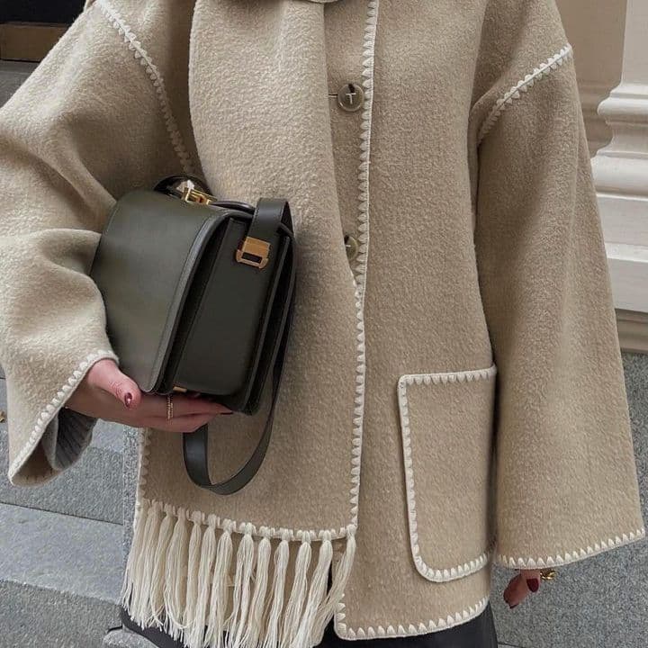 image-Amazon European and American clothing 2023 autumn and winter new fashion woolen jacket thickened loose with scarf tassels for women