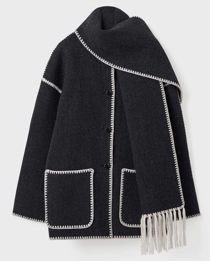 image-Amazon European and American clothing 2023 autumn and winter new fashion woolen jacket thickened loose with scarf tassels for women