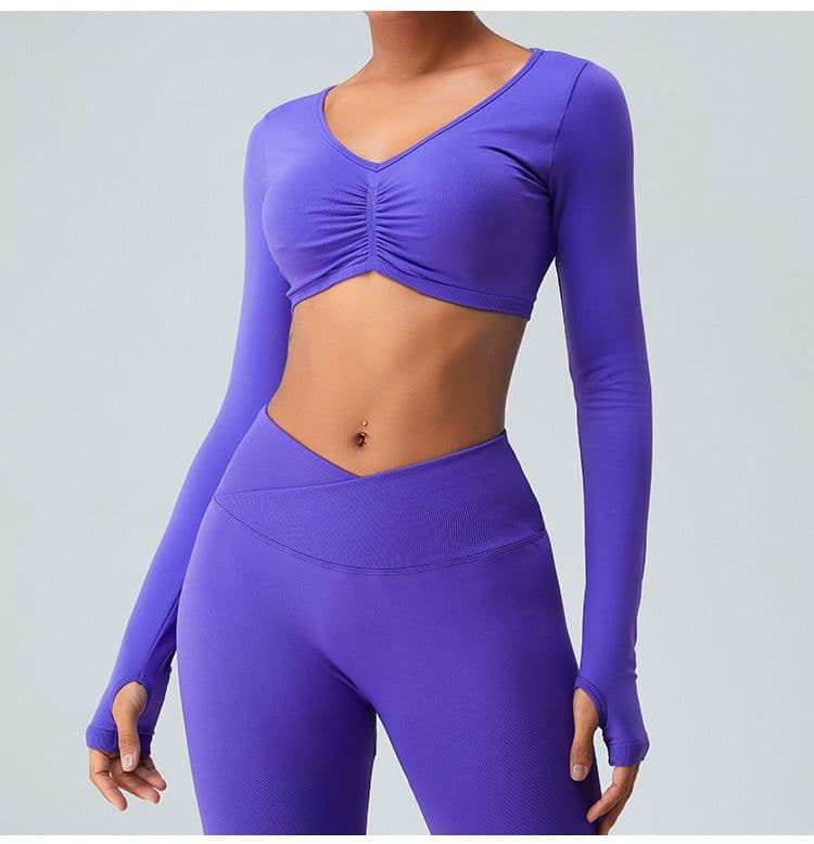 image-Seamless knitted yoga wear long-sleeved tops sports tights high-waist butt-lifting fitness for women in autumn