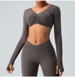 image-Seamless knitted yoga wear long-sleeved tops sports tights high-waist butt-lifting fitness for women in autumn