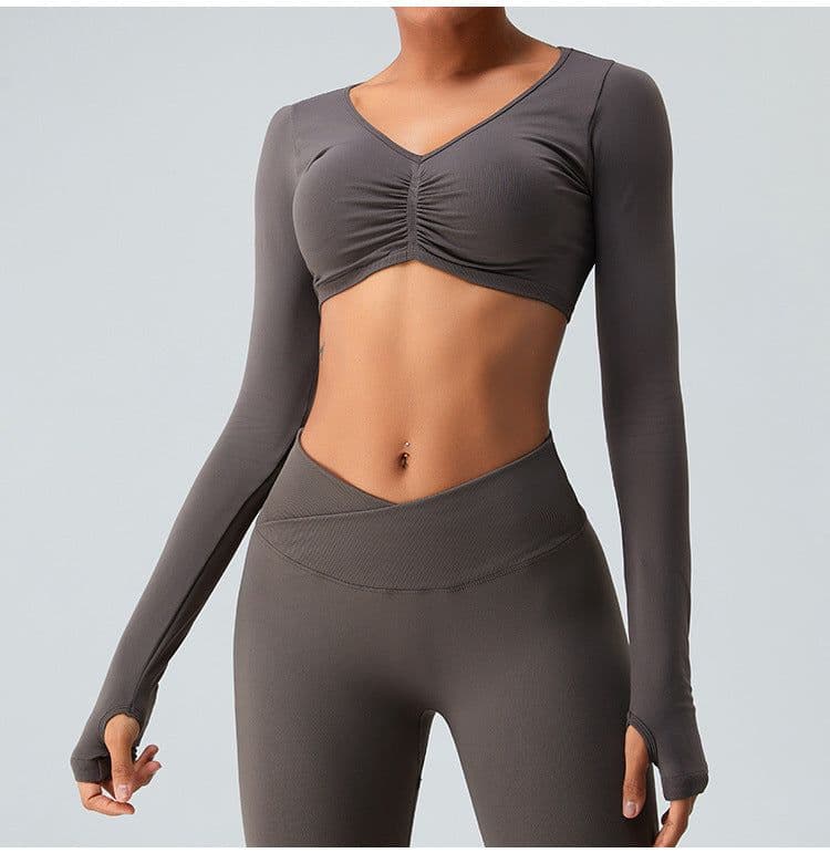 image-Seamless knitted yoga wear long-sleeved tops sports tights high-waist butt-lifting fitness for women in autumn
