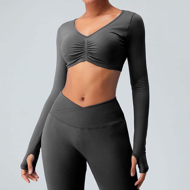 image-Seamless knitted yoga wear long-sleeved tops sports tights high-waist butt-lifting fitness for women in autumn