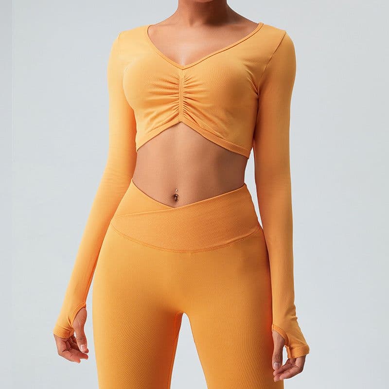 image-Seamless knitted yoga wear long-sleeved tops sports tights high-waist butt-lifting fitness for women in autumn