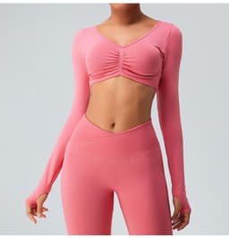 image-Seamless knitted yoga wear long-sleeved tops sports tights high-waist butt-lifting fitness for women in autumn