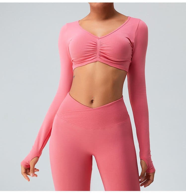 image-Seamless knitted yoga wear long-sleeved tops sports tights high-waist butt-lifting fitness for women in autumn