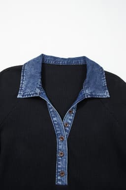 image-Black Waffle Knit Polo Top - Denim Contrast