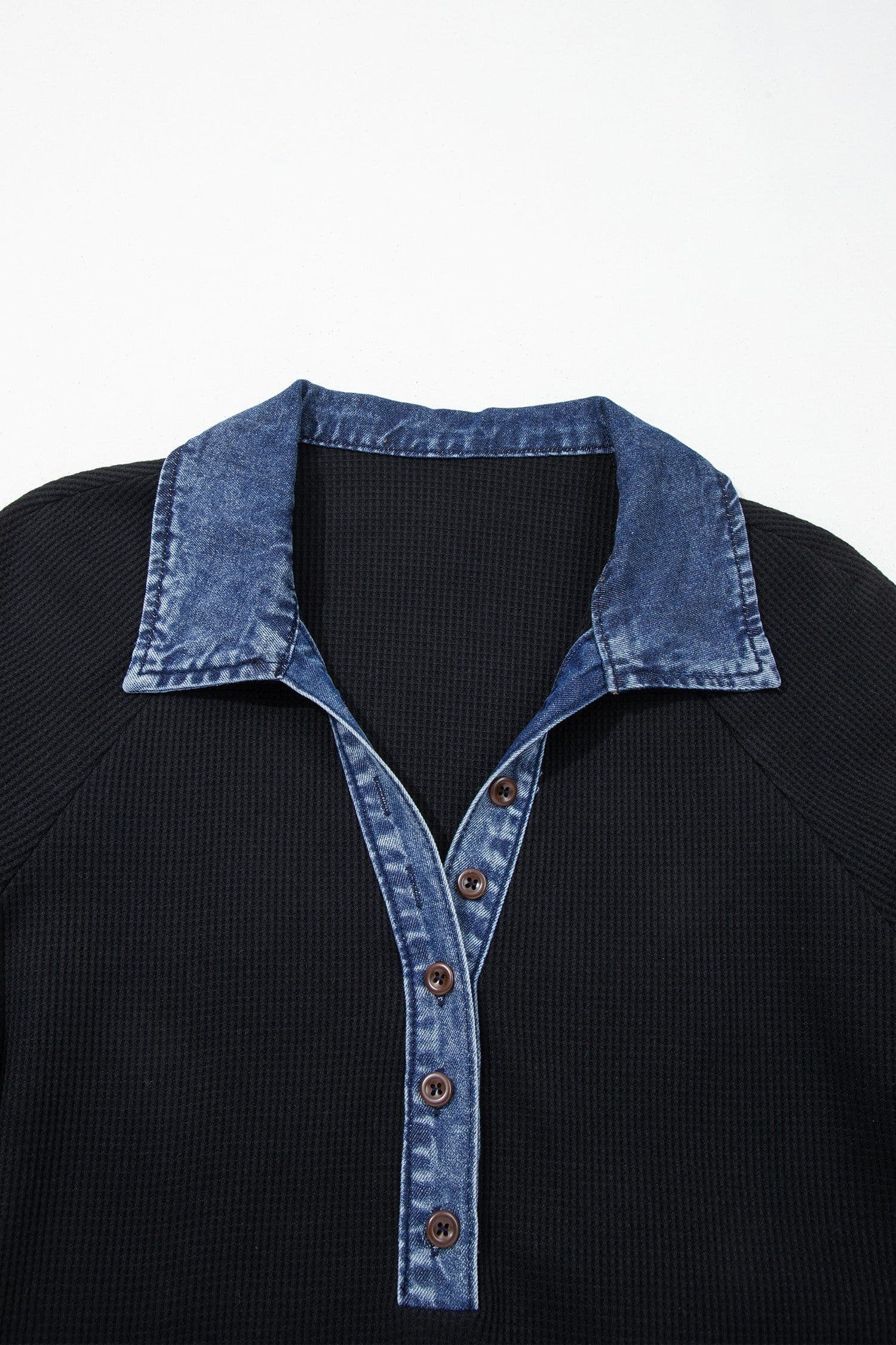 image-Black Waffle Knit Polo Top - Denim Contrast
