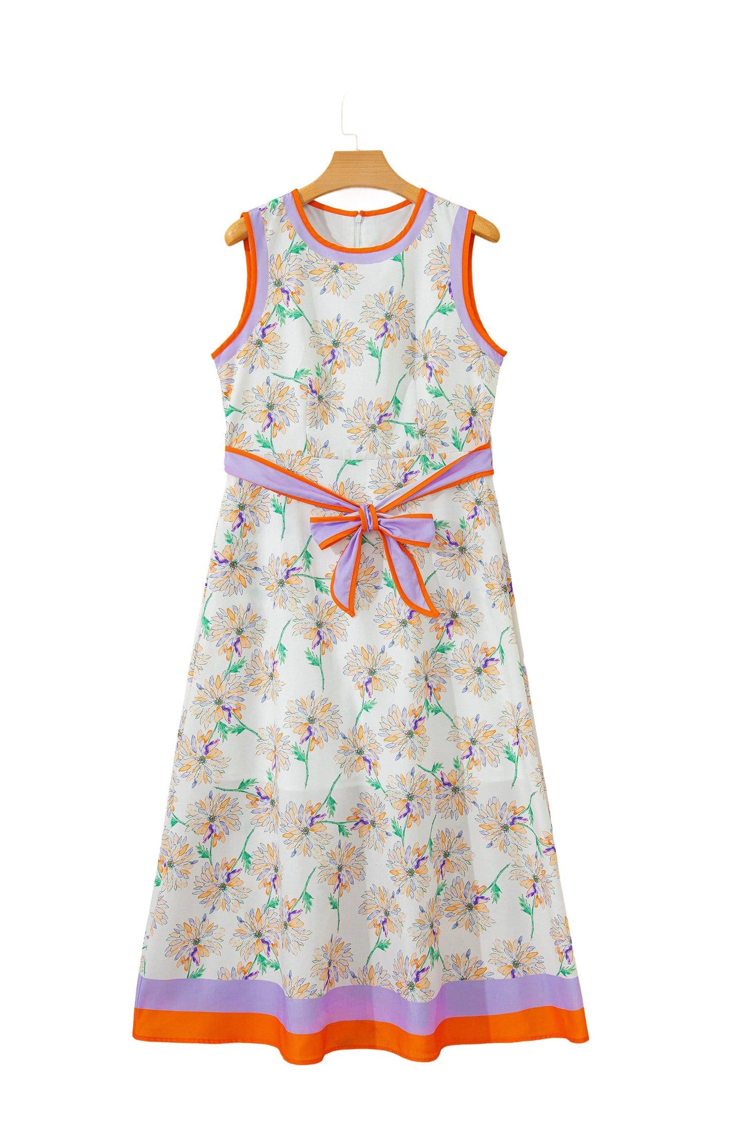 image-White Floral Print Color Block Maxi Dress Belted