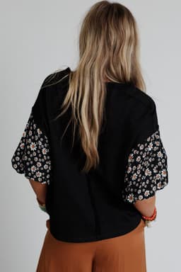 image-Black Contrast Floral Puff Sleeve Oversized Top