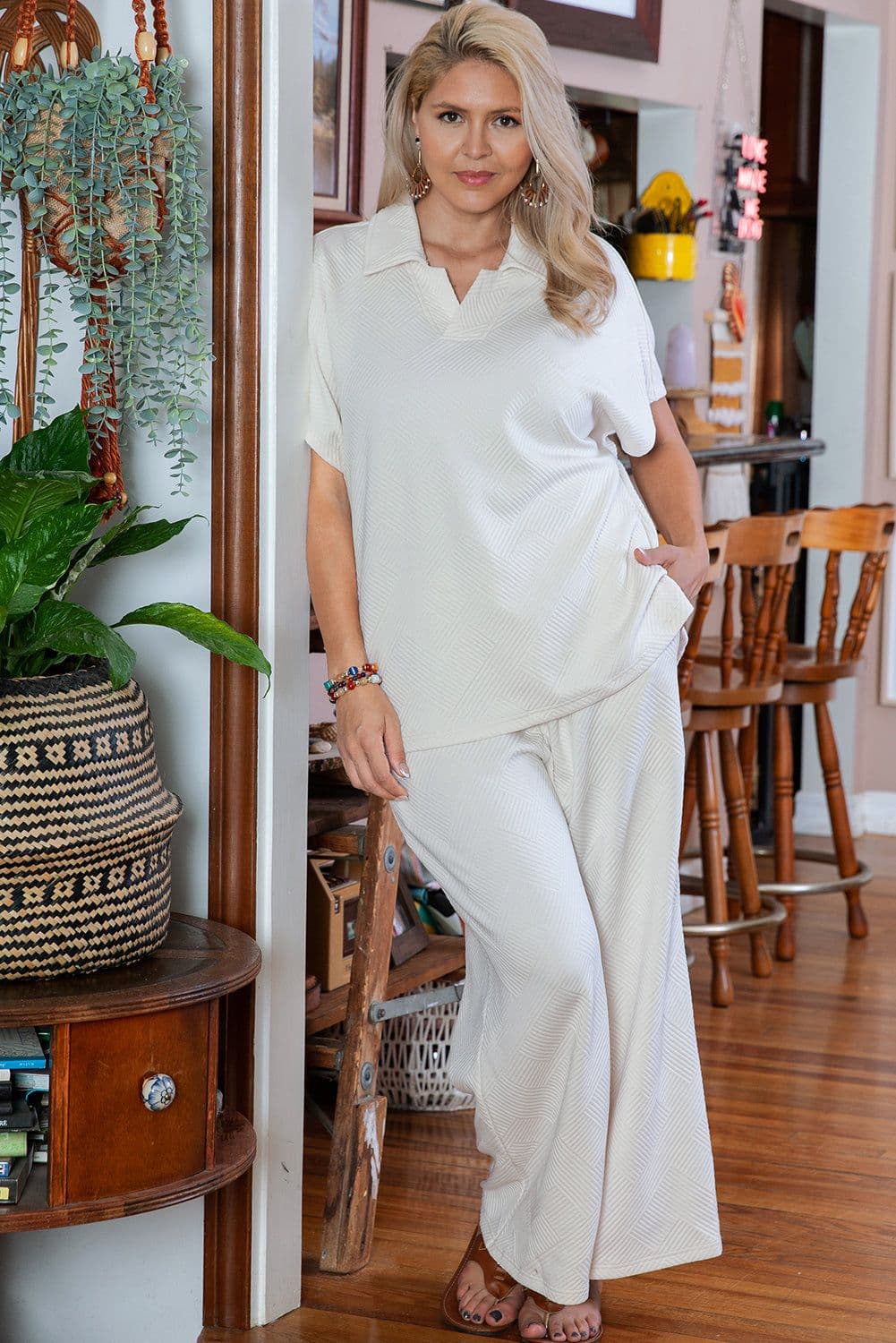 image-Beige Plus Size Textured Collared Top and Pants Set