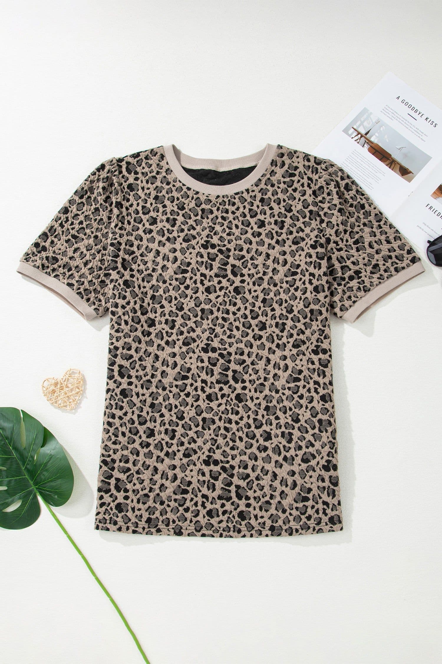 image-Khaki Leopard Print Textured Plus Size T Shirt