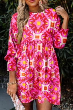 image-Strawberry Pink Geometric Print Smocked Long Sleeve Mini Dress