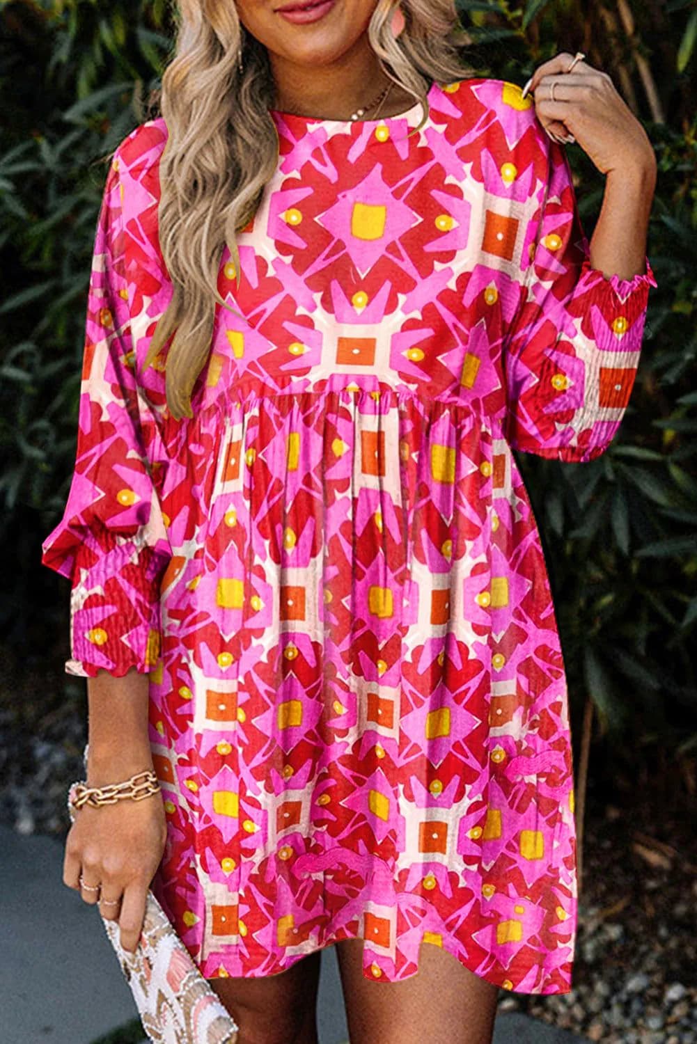 image-Strawberry Pink Geometric Print Smocked Long Sleeve Mini Dress