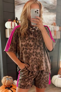 image-Brown Contrast Striped Accent Leopard Short Set