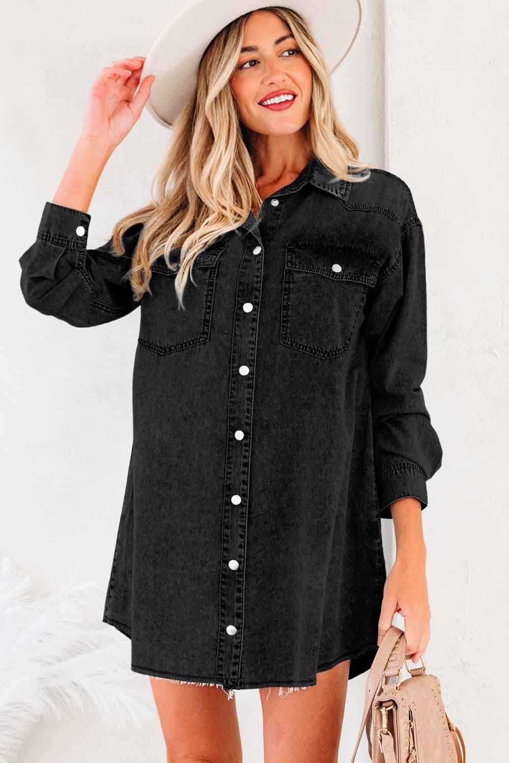 image-Blue Denim Shirt Dress Chest Pocket Raw Hem Loose