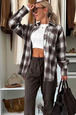 image-Dark Brown Flanel Plaid Single Chest Pocket Boyfriend Shacket