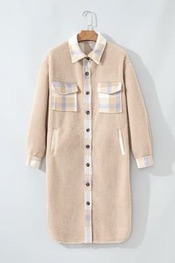 image-Smoke Gray Plaid Sherpa Long Coat - Stylish Patchwork Button-up