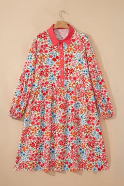 image-Pink Plus Size Button V Neck Leopard Print Puff Sleeve Loose Mini Dress