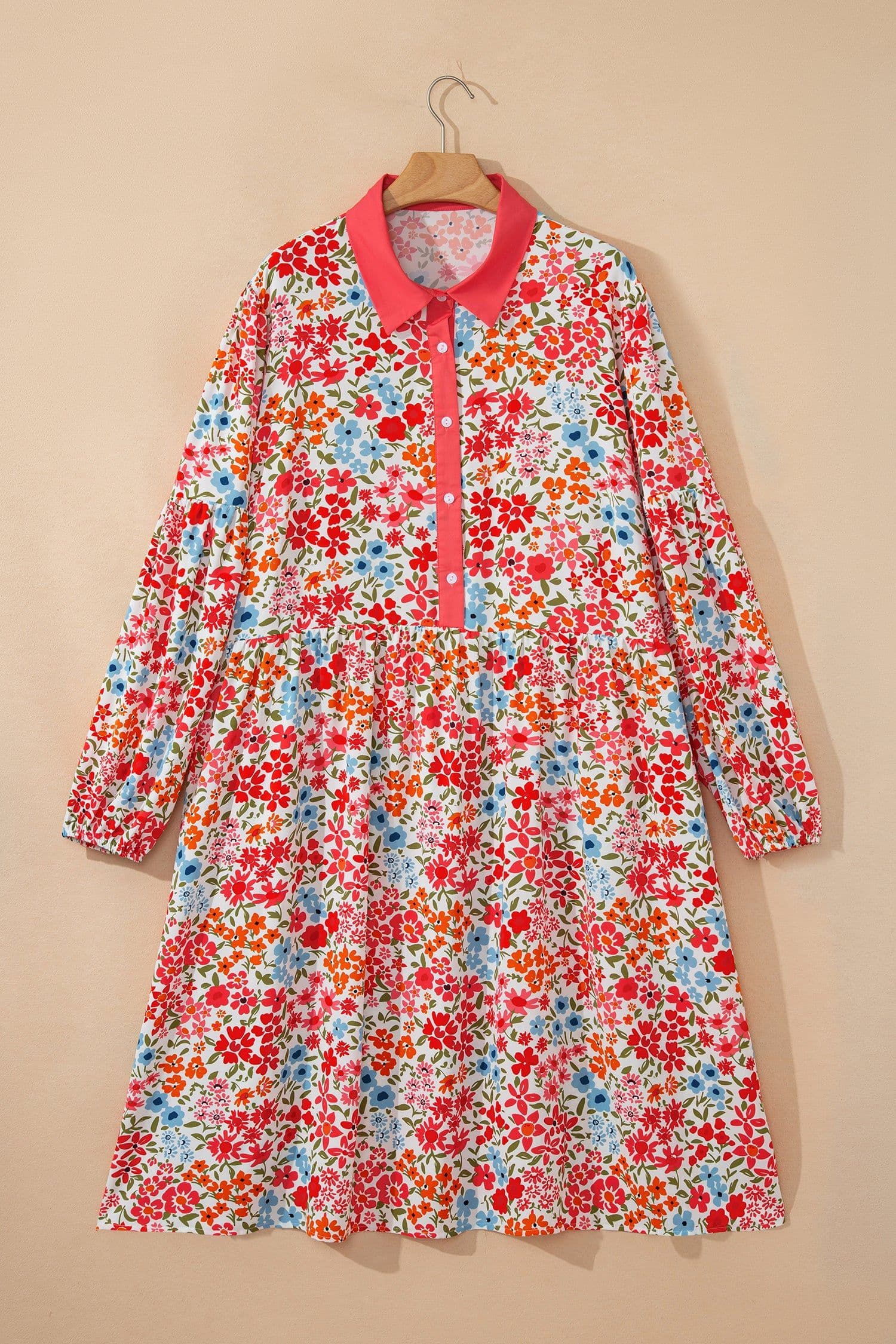 image-Pink Plus Size Button V Neck Leopard Print Puff Sleeve Loose Mini Dress