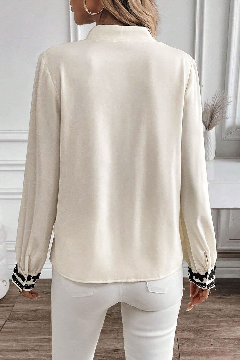 image-Floral Embroidered Stand Neck Buttoned Shirt - Beige