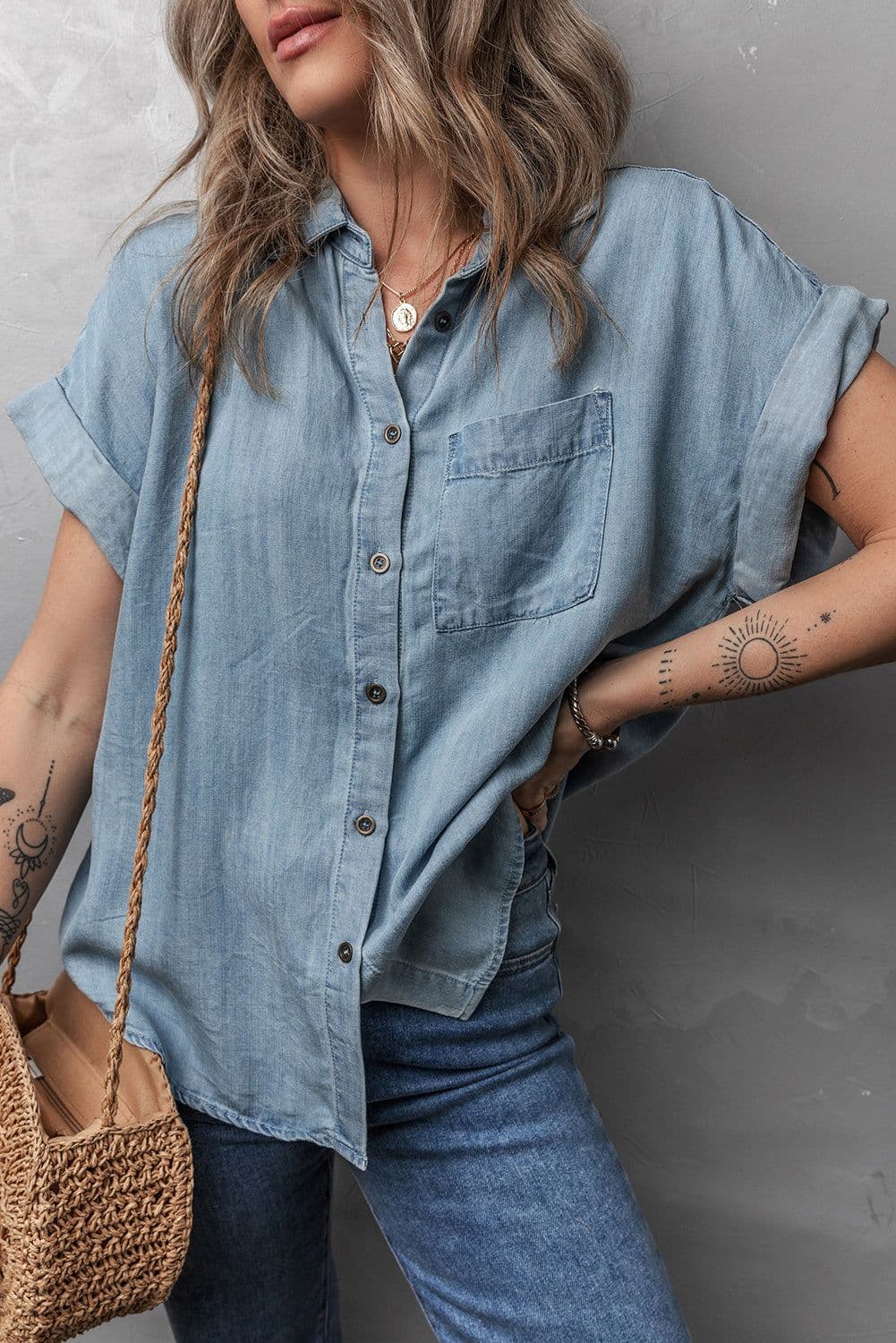 image-Dusk Blue Denim Shirt Short Sleeve Patched Pocket