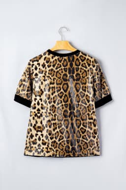 image-Brown Sequin Leopard Pattern Short Sleeve Top