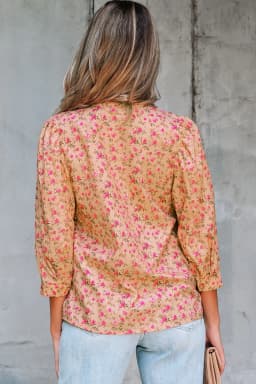 image-Light French Beige Floral Blouse - Bow Pintuck