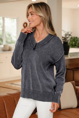 image-Four Leaf Clover Mineral Wash V Neck Knit Exposed Seam Drop Shoulder Loose Sweater